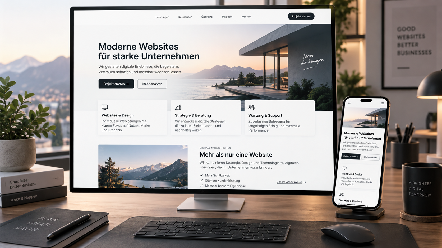 Moderne Unternehmenswebsite auf Desktop und Smartphone
