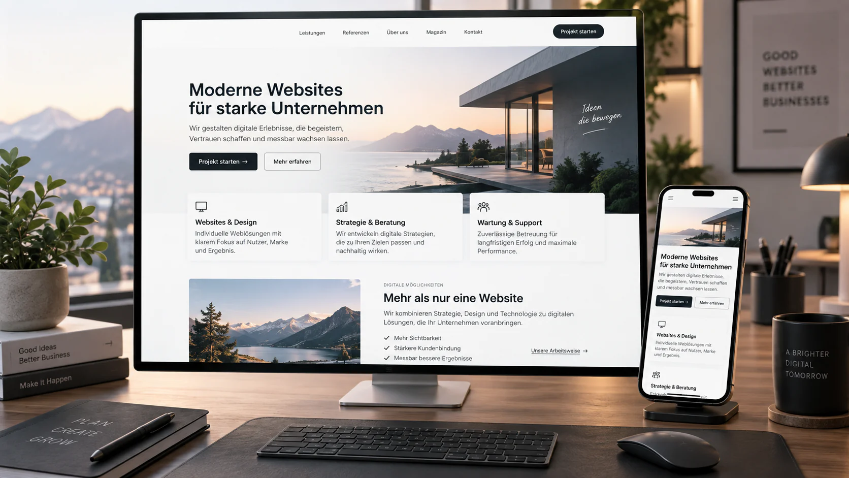 Moderne Unternehmenswebsite auf Desktop und Smartphone
