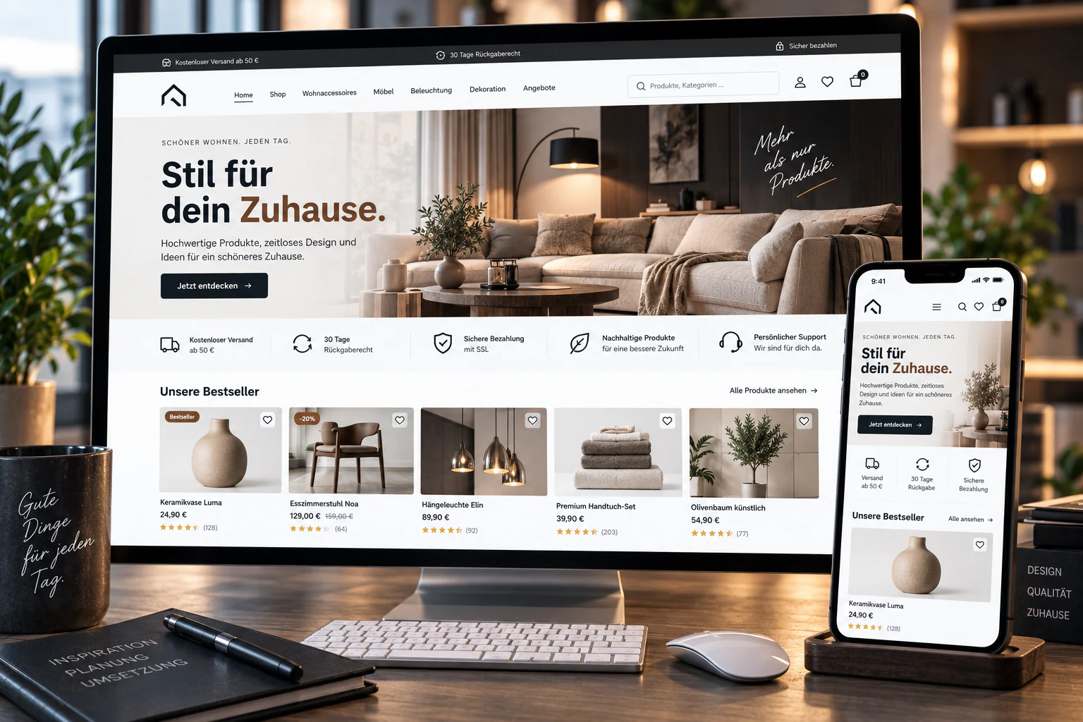Onlineshop für Einrichtung auf Desktop und Smartphone